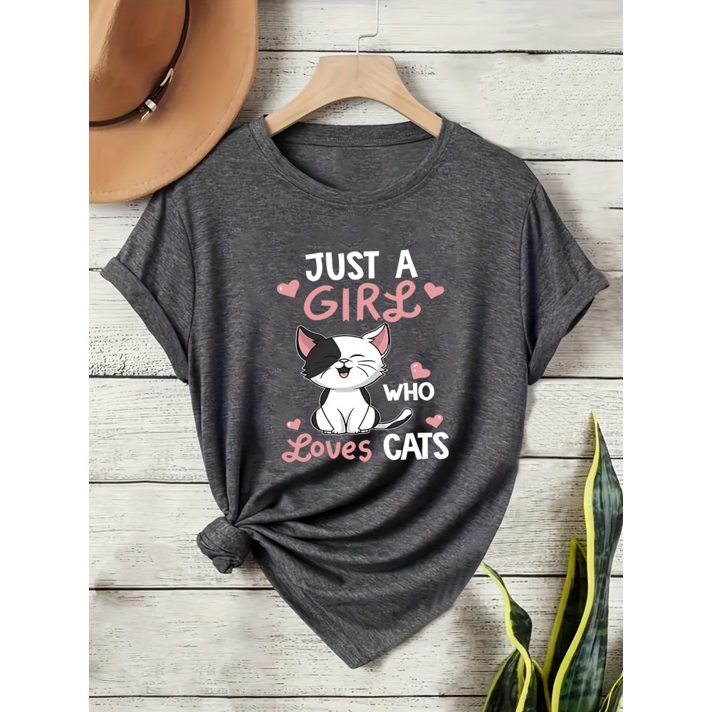 Women's Casual Cat Lover Graphic Tee - Cute Cartoon Kitten with Hearts & 
