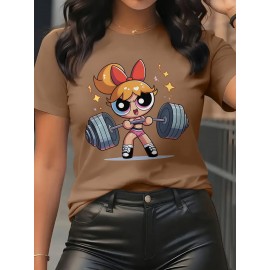 Women'S Y2K-Inspired Casual T-Shirt with Cartoon Print - Short Sleeve, Round Neck, All-Season Top | Playful Anime-Style Design with Bow and Weightlifting
