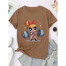 Women'S Y2K-Inspired Casual T-Shirt with Cartoon Print - Short Sleeve, Round Neck, All-Season Top | Playful Anime-Style Design with Bow and Weightlifting