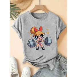 Women'S Y2K-Inspired Casual T-Shirt with Cartoon Print - Short Sleeve, Round Neck, All-Season Top | Playful Anime-Style Design with Bow and Weightlifting