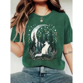 [Bohemian | Soft Stretch] Women's Bohemian T-Shirt | Soft Stretch Round Neck Short Sleeve Top | Fox & Pine Forest Graphic, All-Season Casual, Machine Washable, Multi-Color S-XXL