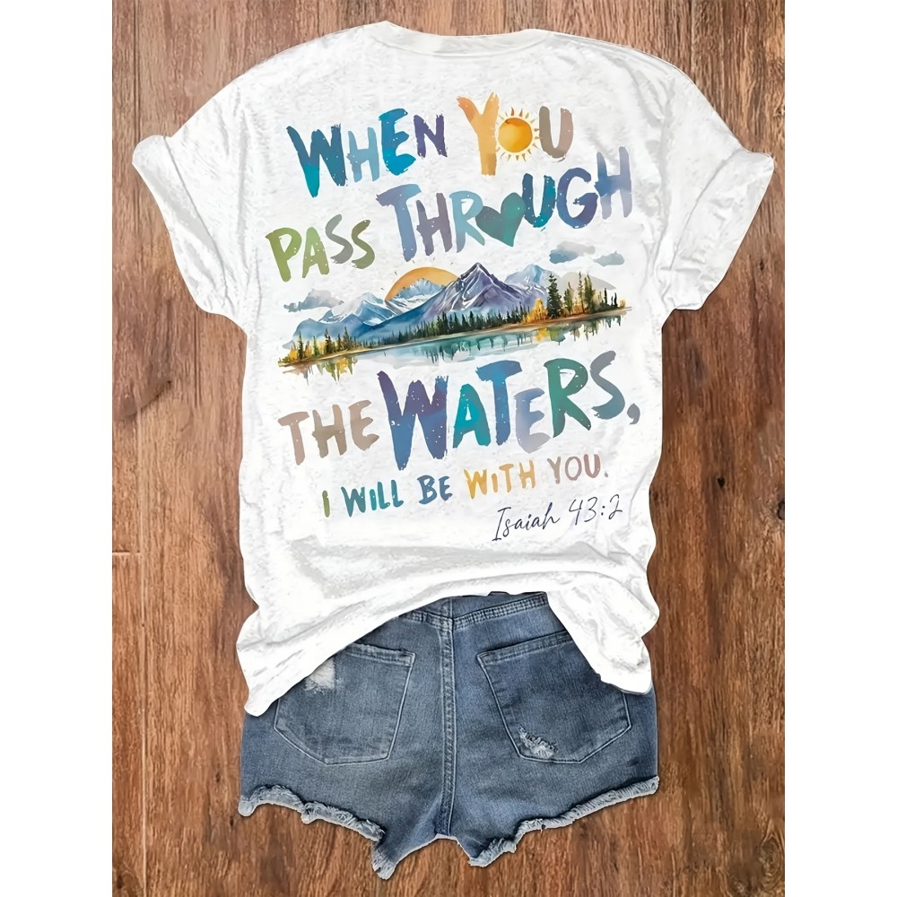 WHENYOU Women's Plus Size Inspirational Graphic T-Shirt - Joshua 1:9 Quote & Mountain Design, 100% Polyester Stretchy Crew Neck Casual Top, Lightweight 180gsm Machine Washable All-Season Tee
