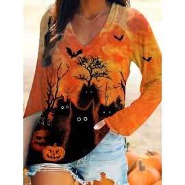 [Plus Size Halloween T-Shirt] Plus Size Halloween T-Shirt - Stretchy V-Neck Top with Pumpkin, Black Cat, Bat & Haunted House Graphic - Non-See-Through Fabric for Fall/Winter - Casual Halloween Party Shirt, Festive Attire, Holiday Apparel, Comfortable Fit