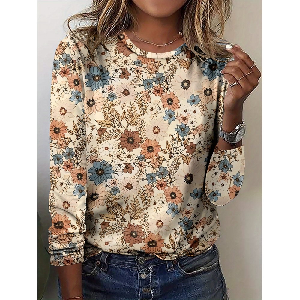 [Elegant Floral Blouse] Plus Size Women's Elegant Long Sleeve Floral T-Shirt | Fall/Winter Tops, Beige/Blue/Brown, Machine Washable, Versatile for Everyday & Formal Outfits - Classic Design, Durable, Professional Blouse