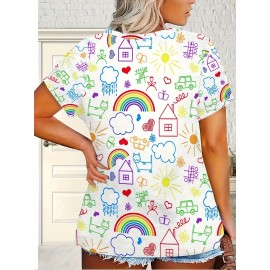 Plus Size - Fun Graffiti 3D Print, Comfortable And Breathable Elastic Fabric, Casual Loose Fit, Machine Washable Round Neck Short Sleeve T-Shirt, Suitable for Spring, Summer, And Autumn Outdoor And Weekend Gatherings.