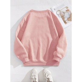 [Cute Sweatshirt] Soft Pink Women's Plus Size Cute Cartoon Character Print Sweatshirt | Miser Brothers & We're Too Much! Graphic, Machine Washable Casual Winter & Autumn Top, Cozy Comfort Clothing, Relaxed Fit Pullover