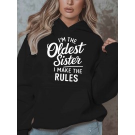Women'S Plus Size Casual Hoodie with Pockets, Oversized Alphabet Print Long-Sleeve Pullover, 100% Polyester Knit Fabric, Slight Stretch, Fall/Winter Fashion Top