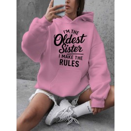 Women'S Plus Size Casual Hoodie with Pockets, Oversized Alphabet Print Long-Sleeve Pullover, 100% Polyester Knit Fabric, Slight Stretch, Fall/Winter Fashion Top