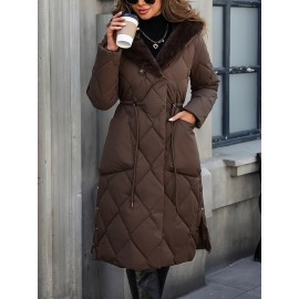 [Cozy Winter Jacket] Warm Cozy Women's Faux Fur-Lined Hooded Jacket | Long Winter Coat with Zipper Closure, Casual Loose Fit, Solid Brown, Perfect for Cold Weather Outfits