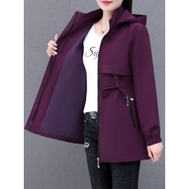 Women's Casual Korean-Inspired Windbreaker Jacket - Mid-Length Adjustable Drawstring Waist, Stand Collar & Zipper Front, Solid Color Spring/Fall Outerwear for Urban Commute & Casual Outings