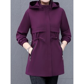Women's Casual Korean-Inspired Windbreaker Jacket - Mid-Length Adjustable Drawstring Waist, Stand Collar & Zipper Front, Solid Color Spring/Fall Outerwear for Urban Commute & Casual Outings