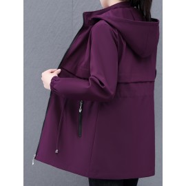 Women's Casual Korean-Inspired Windbreaker Jacket - Mid-Length Adjustable Drawstring Waist, Stand Collar & Zipper Front, Solid Color Spring/Fall Outerwear for Urban Commute & Casual Outings