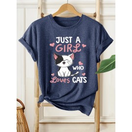 Women's Casual Cat Lover Graphic Tee - Cute Cartoon Kitten with Hearts & 