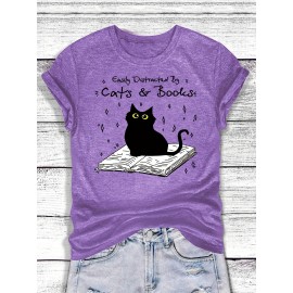 [Playful Cat T-Shirt] Lightweight & Stretchy Charming Black Cat & Book Illustration T-Shirt | Casual Crew Neck, Short Sleeve, Perfect for Spring & Summer, S-XXL, Cat Lover Gift