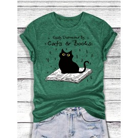 [Playful Cat T-Shirt] Lightweight & Stretchy Charming Black Cat & Book Illustration T-Shirt | Casual Crew Neck, Short Sleeve, Perfect for Spring & Summer, S-XXL, Cat Lover Gift