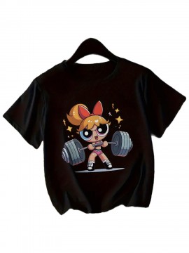 Women'S Y2K-Inspired Casual T-Shirt with Cartoon Print - Short Sleeve, Round Neck, All-Season Top | Playful Anime-Style Design with Bow and Weightlifting