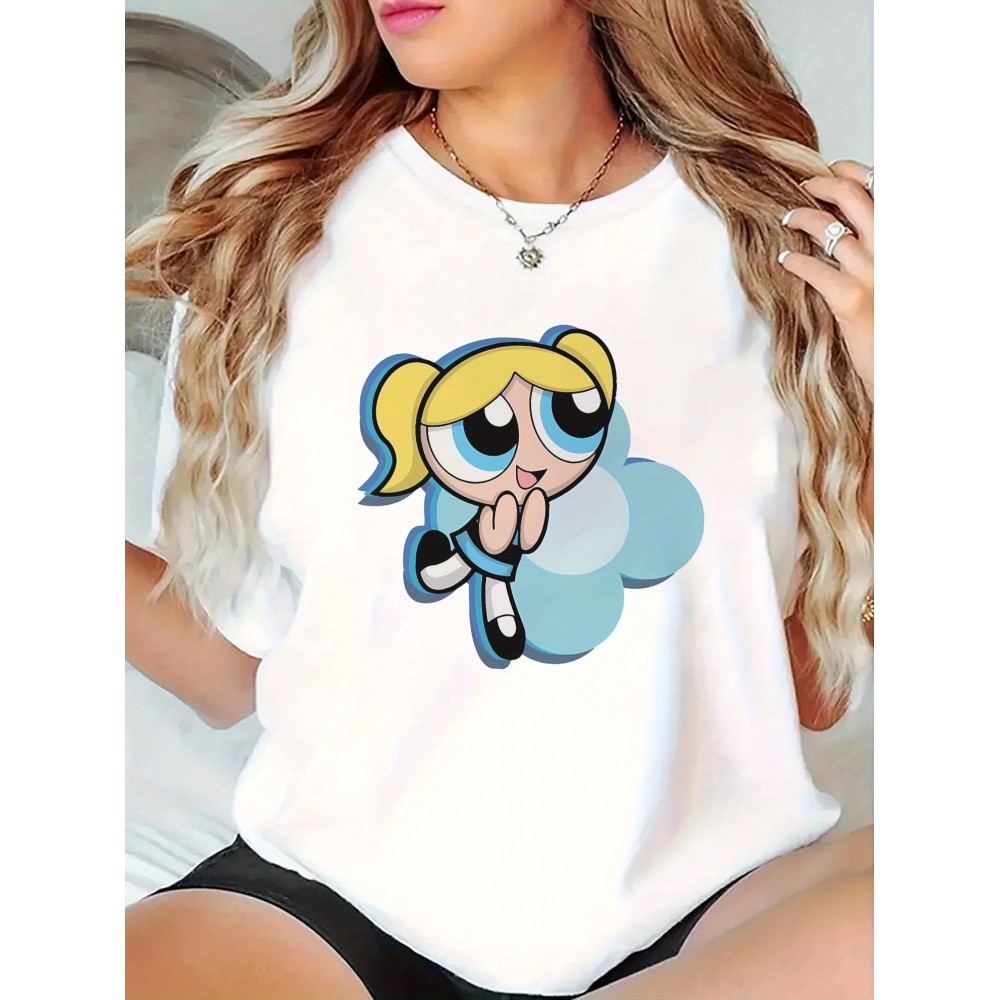 [1pc Soft Cartoon Tee] 1pc Women's Soft Stretchy Cartoon Graphic Print T-Shirt | Relaxed Fit Round Neck Short Sleeve Tee for Casual, Gym & Outdoor Activities | Machine Washable All-Season Comfort, Breathable Fabric, Playful Design