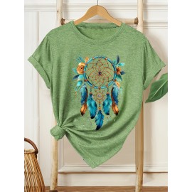 [Dreamcatcher T-Shirt] Bohemian Dreamcatcher Women's T-Shirt | Casual Loose Fit Round Neck Short Sleeve Top, Breathable Machine-Washable Fabric for Summer Vacation & Casual Attire, Multi-Color Options S-XXL