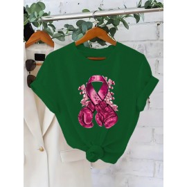 Plus Size, Women's Breast Cancer Awareness T-Shirt - Non-Transparent Black Top with Pink Boxing Gloves, Charity Event Apparel for, Survivor Gifts - Machine Washable Summer Shirt, Wear, Geometric Print, Comfortable Fabric, Casual Wear, Gift Shoppers