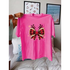 1pc Women'S Plus Size Christmas T-Shirt - Casual Crew Neck Polyester Top with Slight Stretch, Festive Reindeer Bow Print, Knit Fabric Short Sleeve Tee for Summer