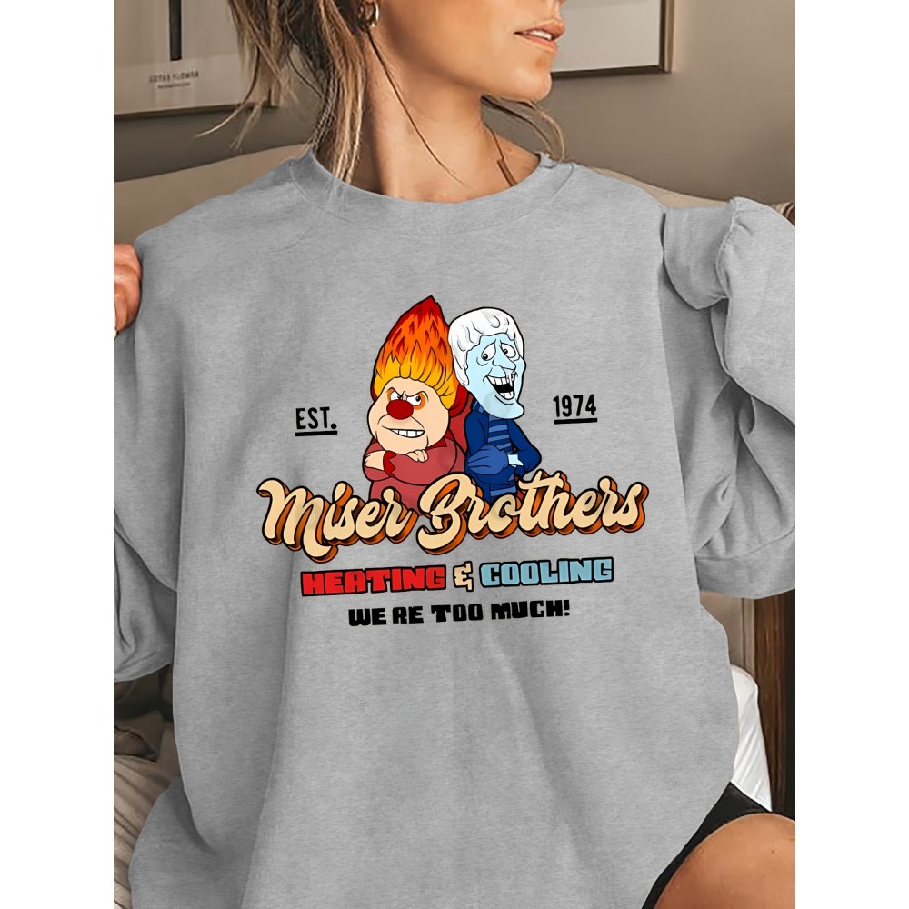 [Cute Sweatshirt] Soft Pink Women's Plus Size Cute Cartoon Character Print Sweatshirt | Miser Brothers & We're Too Much! Graphic, Machine Washable Casual Winter & Autumn Top, Cozy Comfort Clothing, Relaxed Fit Pullover