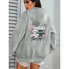 Plus Size, Women's Winter Elegant Geometric Print Hooded Sweatshirt - Cozy Pullover Hoodie with Book & Floral Design, 
