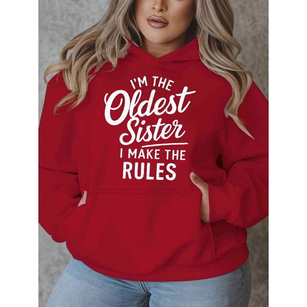 Women'S Plus Size Casual Hoodie with Pockets, Oversized Alphabet Print Long-Sleeve Pullover, 100% Polyester Knit Fabric, Slight Stretch, Fall/Winter Fashion Top