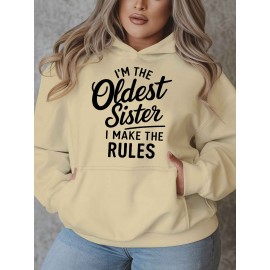 Women'S Plus Size Casual Hoodie with Pockets, Oversized Alphabet Print Long-Sleeve Pullover, 100% Polyester Knit Fabric, Slight Stretch, Fall/Winter Fashion Top