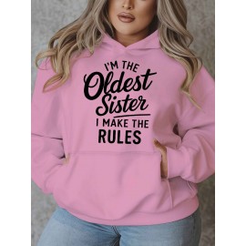 Women'S Plus Size Casual Hoodie with Pockets, Oversized Alphabet Print Long-Sleeve Pullover, 100% Polyester Knit Fabric, Slight Stretch, Fall/Winter Fashion Top