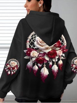 Plus Size - Women'S Plus Size Floral Print Hoodie - Soft, Comfortable Long Sleeve with Pockets, Casual Brown Pullover for All-Season Wear, Casual Wear Hoodie | Floral Print Hoodie | Soft Fabric Hoodie